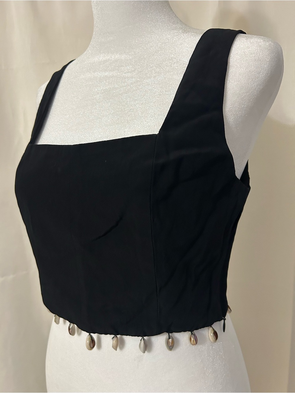 STAUD Black Beaded-Hem Square Neck Crop Top